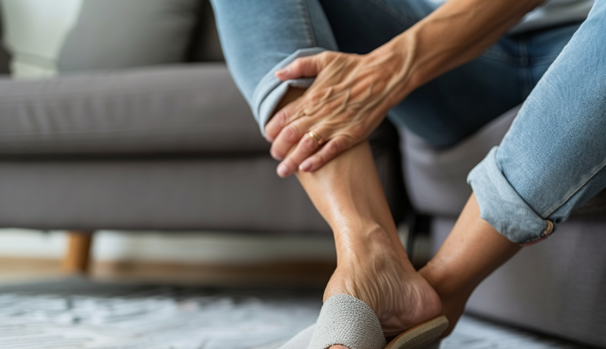 middleaged woman is sitting on the sofa with her feet resting in front of it, holding one foot and wincing from pain due to an ankle sprain or il Agulasis